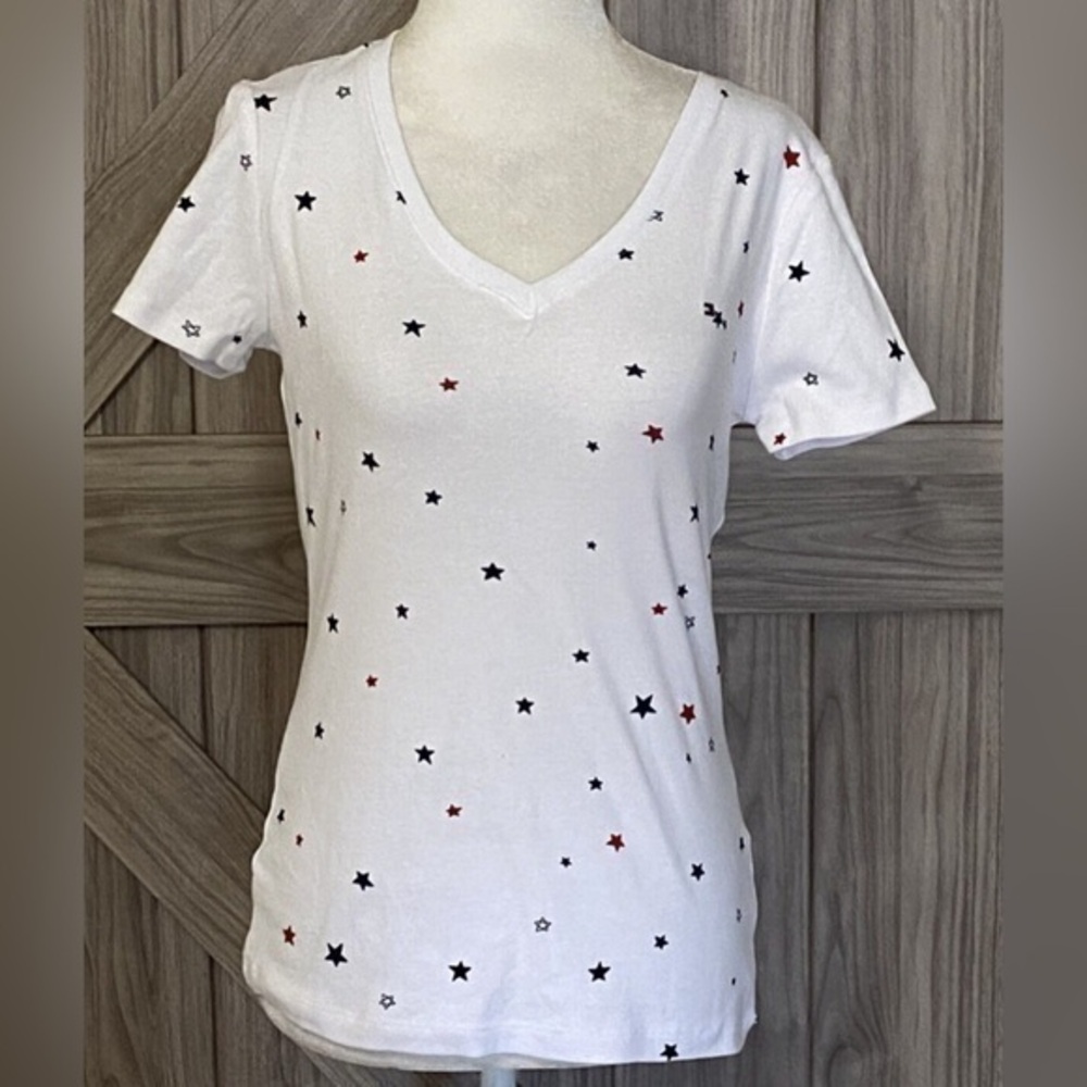 Tommy Hilfiger Red blue star American USA white V-neck T-shirt, size small